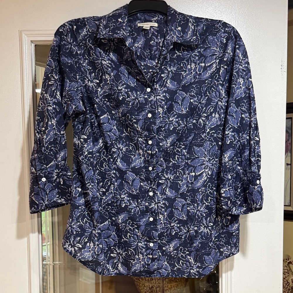 Coldwater Creek blue cotton batik style button front blouse
